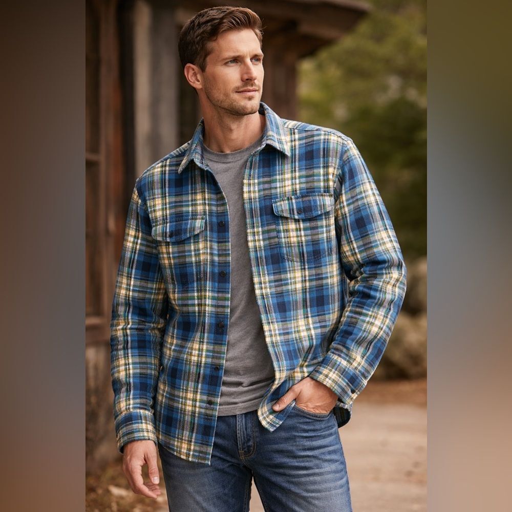 Outerknown Plaid Flannel Shirt Blue Yellow | Organic Cotton CHORECOAT | Size S
